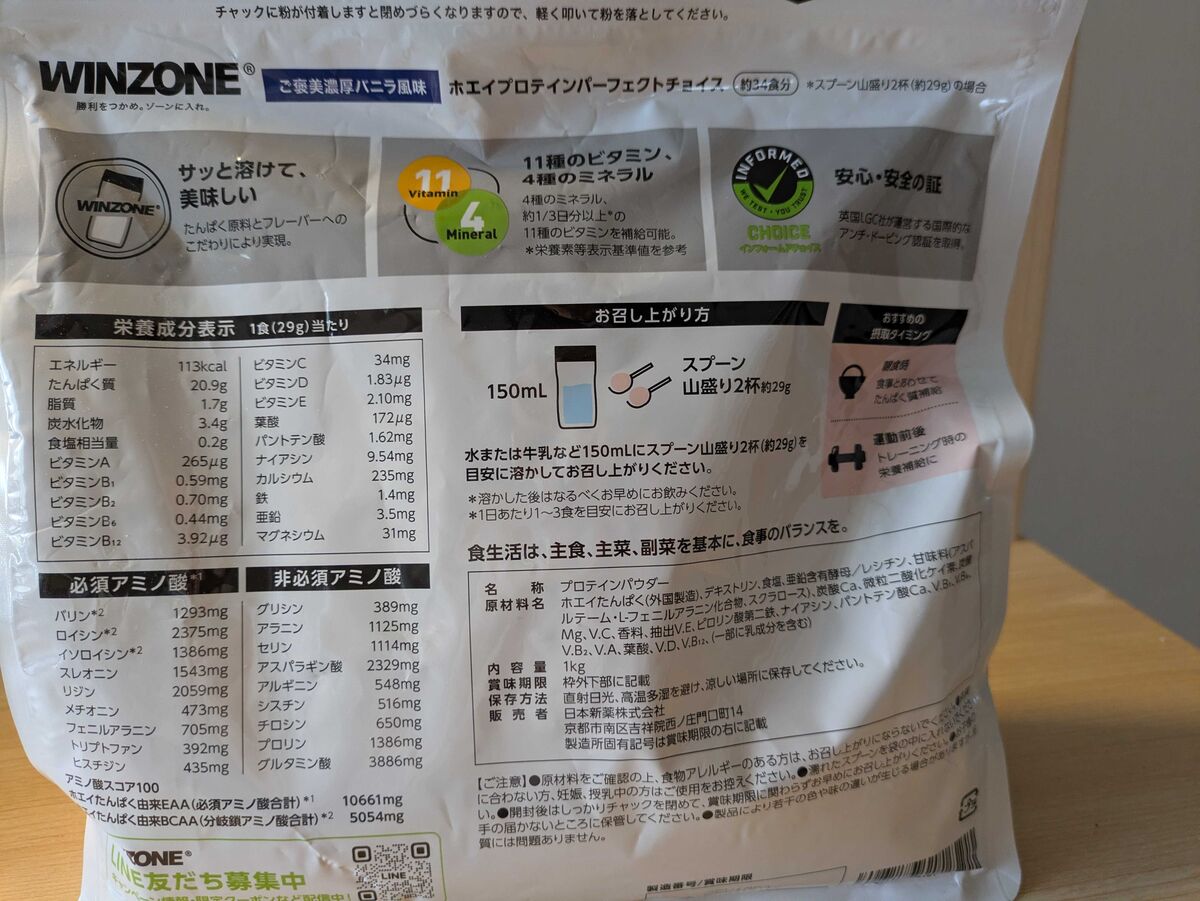 パッケージ裏面の栄養成分表示